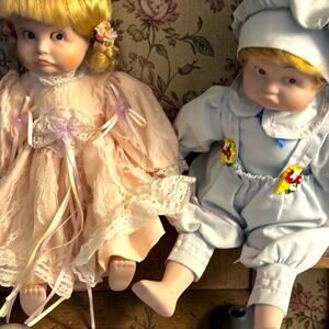 Vintage Porcelain Doll Pair Blonde Girl & Boy Dolls Lace Dress Blue Romper